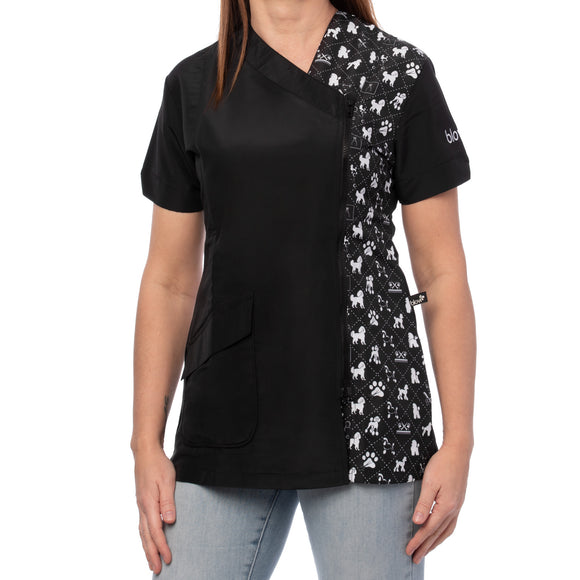 Blovi White Poodle Women's Grooming Blouse – Black Short Sleeve, Box Pattern, 3XL Size