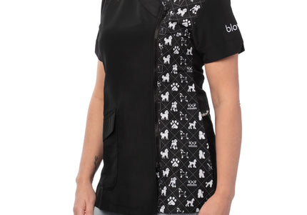 Blovi White Poodle Women's Grooming Blouse – Black Short Sleeve, Box Pattern, 3XL Size