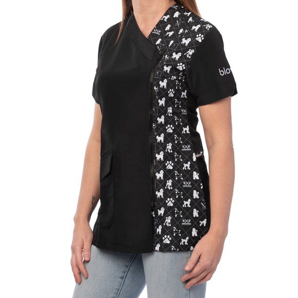 Blovi White Poodle Women's Grooming Blouse – Black Short Sleeve, Box Pattern, 3XL Size