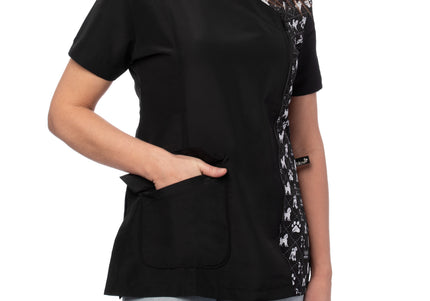 Blovi White Poodle Women's Grooming Blouse – Black Short Sleeve, Box Pattern, 3XL Size