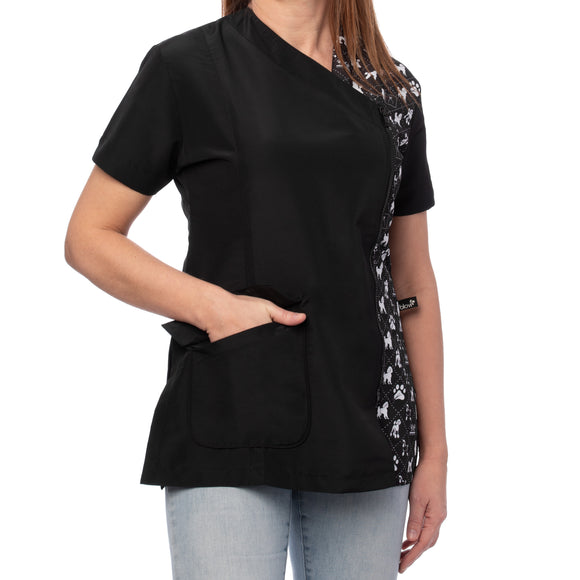 Blovi White Poodle Women's Grooming Blouse – Black Short Sleeve, Box Pattern, 3XL Size