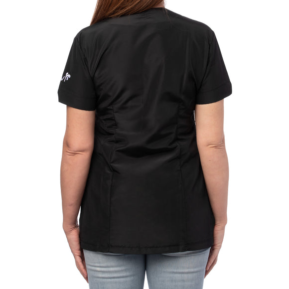 Blovi White Poodle Women's Grooming Blouse – Black Short Sleeve, Box Pattern, 3XL Size