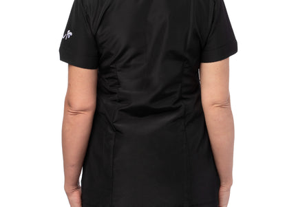 Blovi White Poodle Women's Grooming Blouse – Black Short Sleeve, Box Pattern, 3XL Size