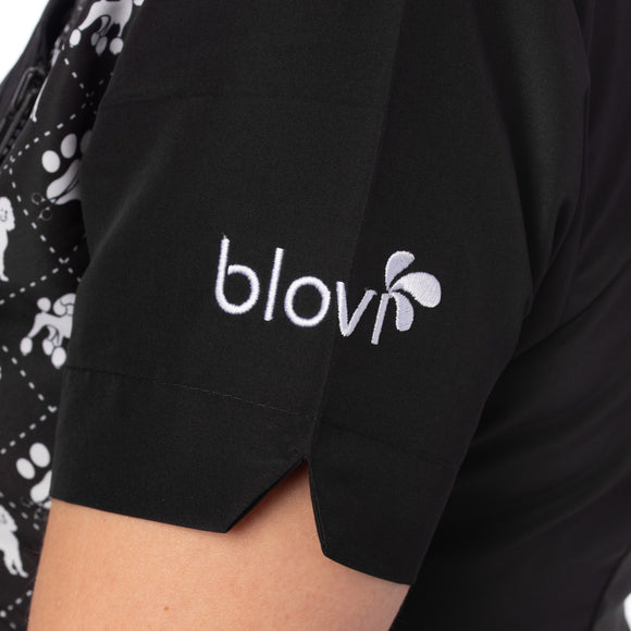 Blovi White Poodle Women's Grooming Blouse – Black Short Sleeve, Box Pattern, 3XL Size