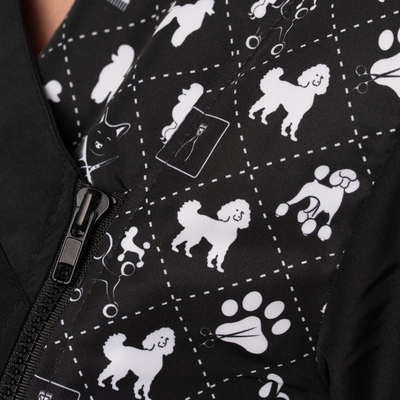Blovi White Poodle Women's Grooming Blouse – Black Short Sleeve, Box Pattern, 3XL Size