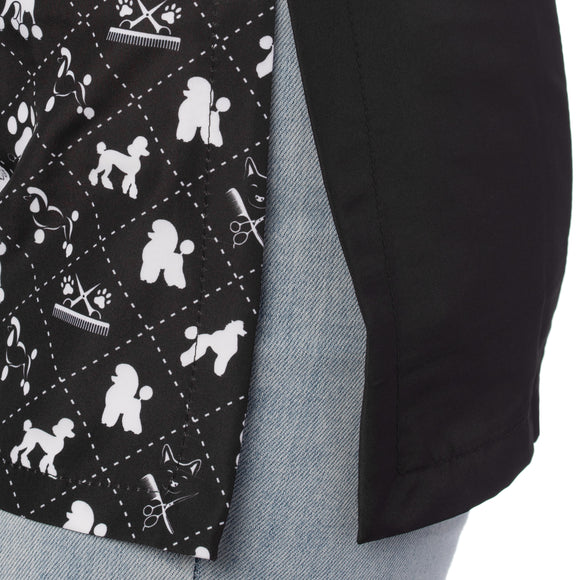 Blovi White Poodle Women's Grooming Blouse – Black Short Sleeve, Box Pattern, 3XL Size