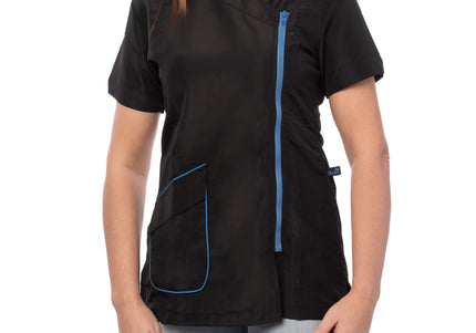 Blovi Freya Grooming Blouse – Women's Short-Sleeved Sweatshirt, Black with Blue Accents, Medium