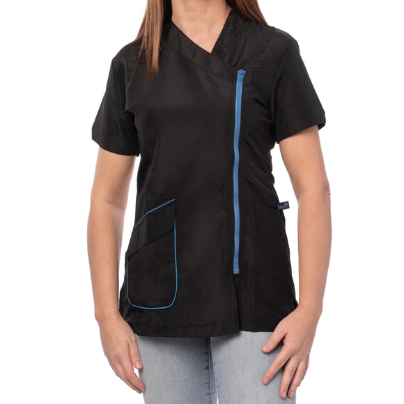 Blovi Freya Grooming Blouse – Women's Short-Sleeved Sweatshirt, Black with Blue Accents, Medium
