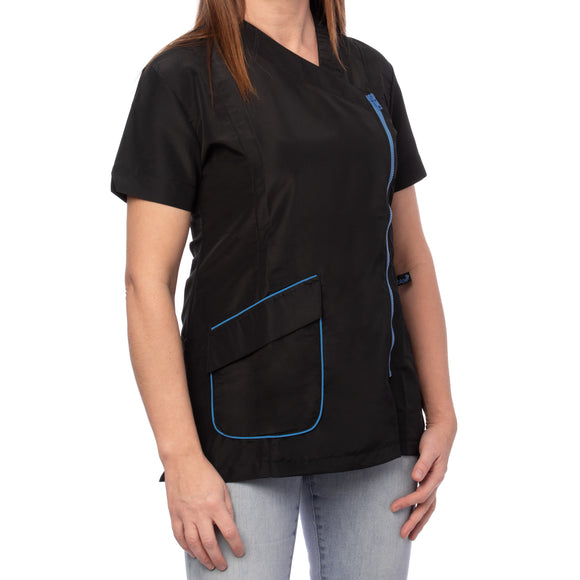 Blovi Freya Grooming Blouse – Women's Short-Sleeved Sweatshirt, Black with Blue Accents, Medium