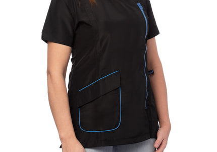 Blovi Freya Grooming Blouse – Women's Short-Sleeved Sweatshirt, Black with Blue Accents, Medium
