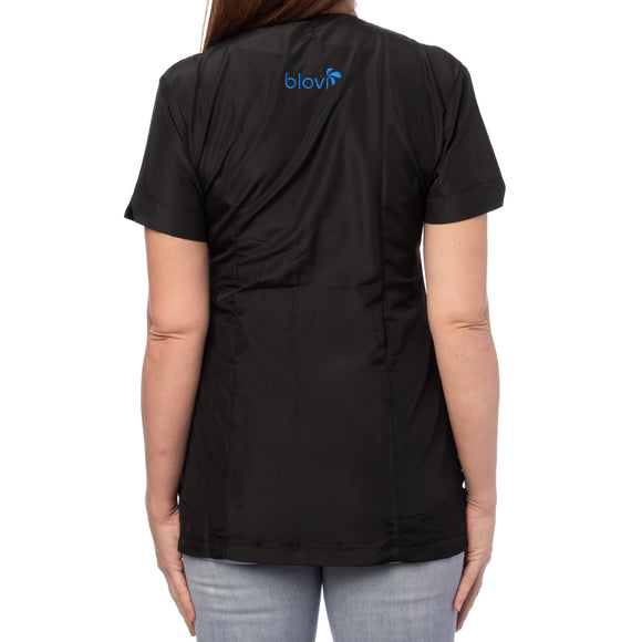 Blovi Freya Grooming Blouse – Women's Short-Sleeved Sweatshirt, Black with Blue Accents, Medium