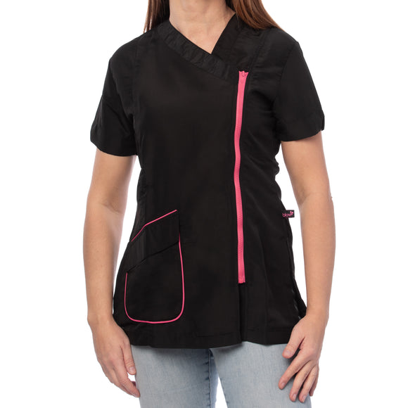 Blovi Freya Grooming Blouse – Women's Short Sleeve, Black with Pink Trim, 4XL Size