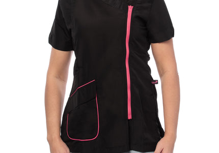Blovi Freya Grooming Blouse – Women's Short Sleeve, Black with Pink Trim, 4XL Size