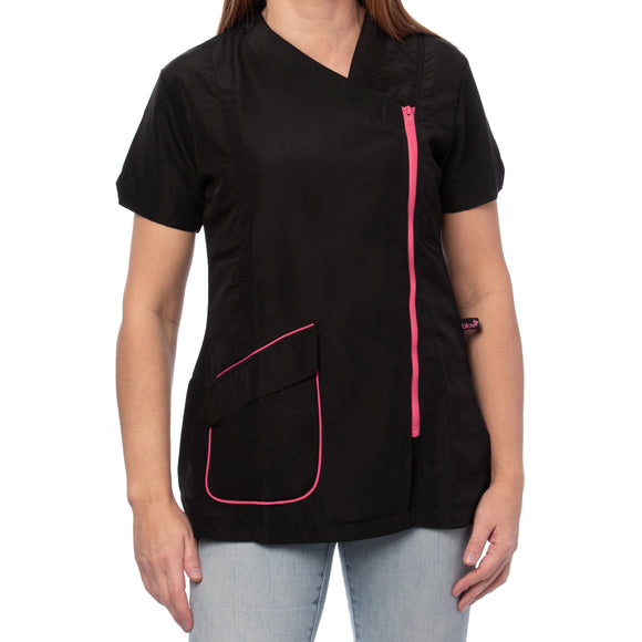 Blovi Freya Grooming Blouse – Women's Short Sleeve, Black with Pink Trim, 4XL Size