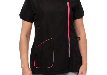 Blovi Freya Grooming Blouse – Women's Short Sleeve, Black with Pink Trim, 4XL Size