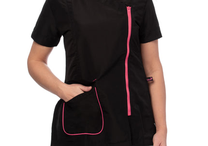 Blovi Freya Grooming Blouse – Women's Short Sleeve, Black with Pink Trim, 4XL Size