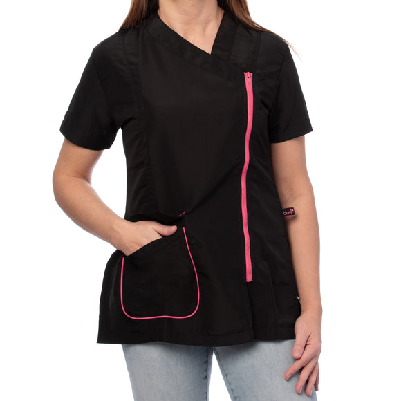 Blovi Freya Grooming Blouse – Women's Short Sleeve, Black with Pink Trim, 4XL Size