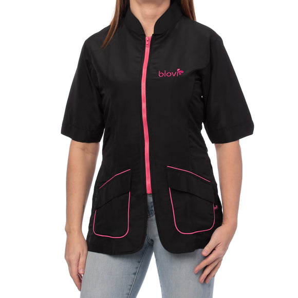 Blovi Athena Grooming Blouse – Short-Sleeved Women's Top, Black with Pink Accents, XXL