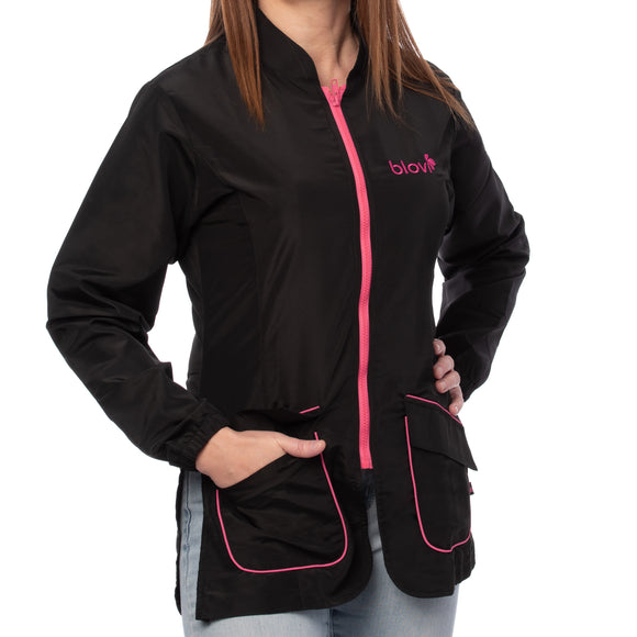 Blovi Athena Long Sleeve Grooming Blouse – Black with Pink Trim, Lightweight 3XL