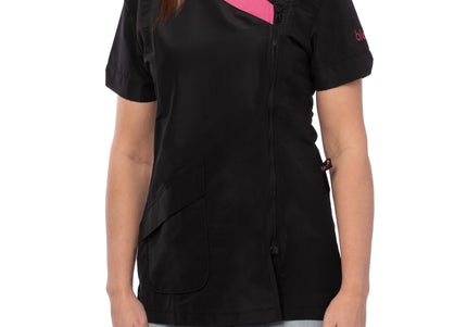 Blovi Diana Grooming Blouse – Women's Short-Sleeved Black Top with Pink Trim, Medium