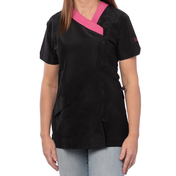 Blovi Diana Grooming Blouse – Women's Short-Sleeved Black Top with Pink Trim, Medium