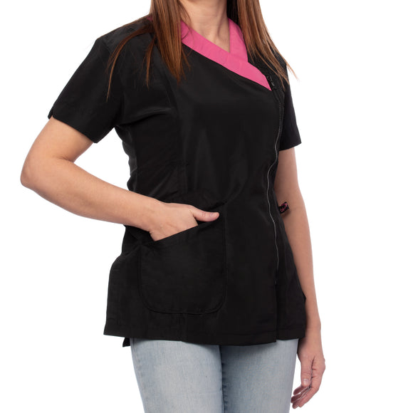 Blovi Diana Grooming Blouse – Women's Short-Sleeved Black Top with Pink Trim, Medium