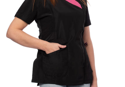 Blovi Diana Grooming Blouse – Women's Short-Sleeved Black Top with Pink Trim, Medium