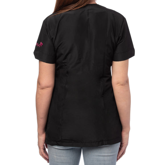 Blovi Diana Grooming Blouse – Women's Short-Sleeved Black Top with Pink Trim, Medium