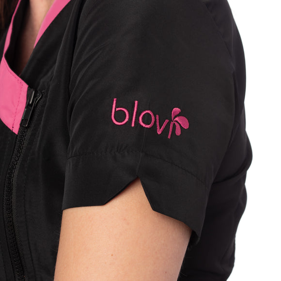 Blovi Diana Grooming Blouse – Women's Short-Sleeved Black Top with Pink Trim, Medium