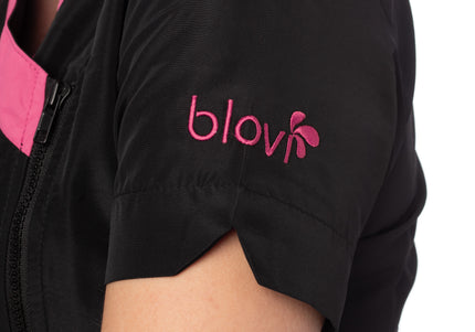 Blovi Diana Grooming Blouse – Women's Short-Sleeved Black Top with Pink Trim, Medium