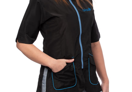 Blovi Athena Grooming Blouse – Women's Short Sleeve, Black with Blue Accents, 3XL, Lightweight Comfort