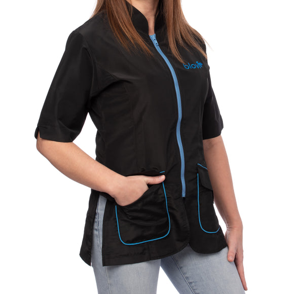 Blovi Athena Grooming Blouse – Women's Short Sleeve, Black with Blue Accents, 3XL, Lightweight Comfort