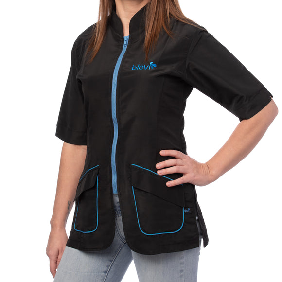 Blovi Athena Grooming Blouse – Women's Short Sleeve, Black with Blue Accents, 3XL, Lightweight Comfort