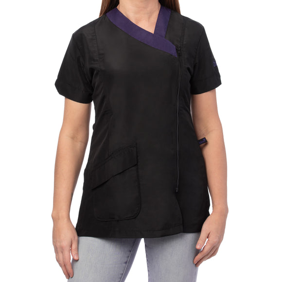 Blovi Diana Grooming Blouse – Black Short Sleeve with Purple Neckline, Embroidered, Size L