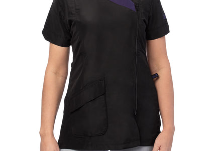 Blovi Diana Grooming Blouse – Black Short Sleeve with Purple Neckline, Embroidered, Size L