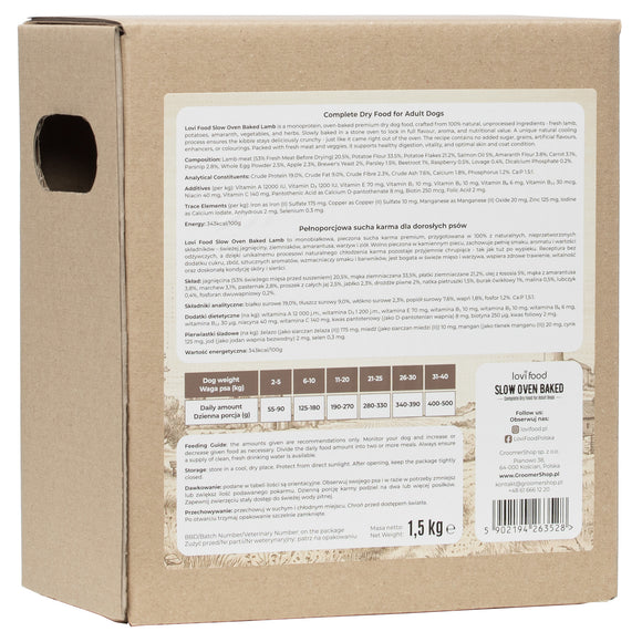 Lovi Food Slow Oven Baked Lamb – Mono-Protein Baked Dog Food, 1.5kg, Premium Quality
