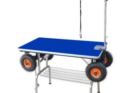 GroomStar Grooming Table – Large Inflatable Wheels, 110x60cm Blue Top, Stable Mobile Design
