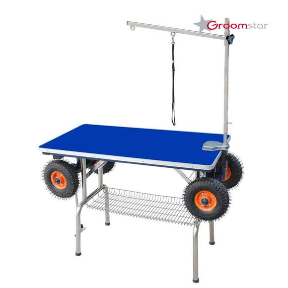 GroomStar Grooming Table – Large Inflatable Wheels, 110x60cm Blue Top, Stable Mobile Design