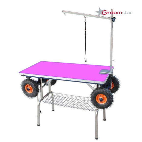 GroomStar Grooming Table – Large Inflatable Wheels, 110x60cm Blue Top, Stable Mobile Design