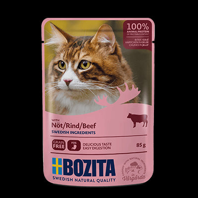 Bozita Wet Cat Food Sachet – Chunks in Jelly with Beef, 85g, High-Protein Recipe
