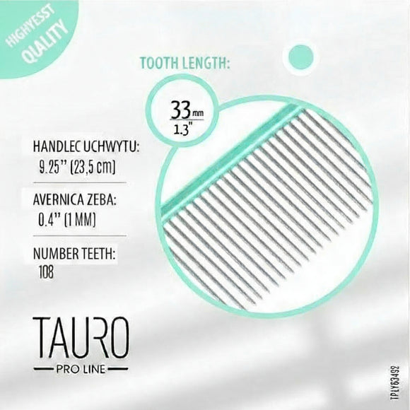 Tauro Pro Line Ultra-Light Aluminum Grooming Comb – 23.5cm, Mint, 108 Teeth, 33mm Length
