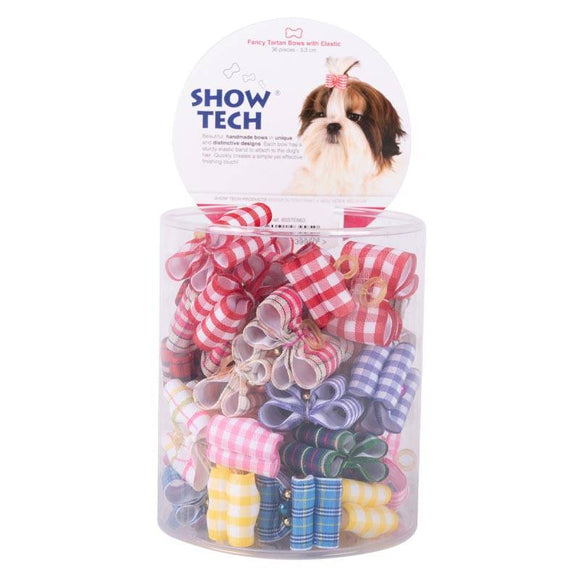 Show Tech Fancy Tartan Grooming Bows – Elastic Band, Colorful 36 Piece Set