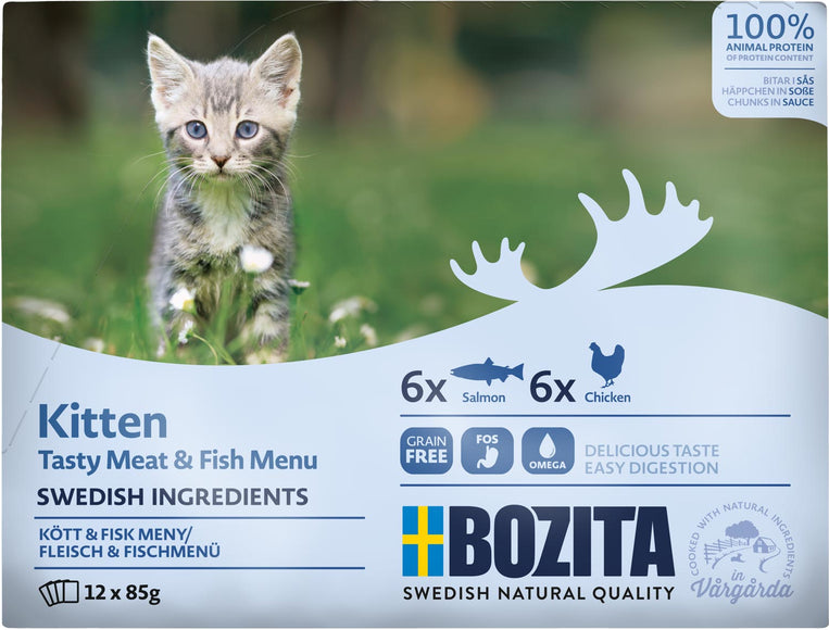 Bozita Kitten Wet Cat Food – Meat and Fish Chunks in Sauce, 85g Sachets, Pack of 12