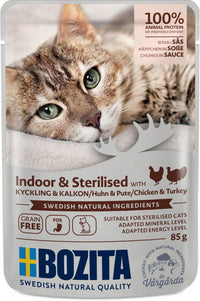 Bozita Indoor & Sterilised Cat Food – Chicken and Turkey Pieces in Sauce, 85g Sachet