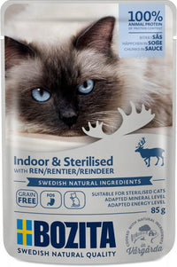 Bozita Indoor & Sterilised Cat Food – Chunks in Sauce with Reindeer, 85g Sachet