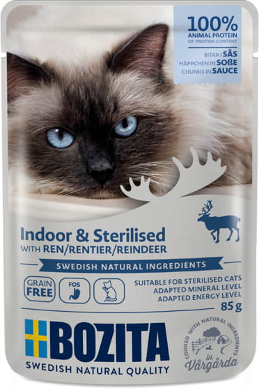 Bozita Indoor & Sterilised Cat Food – Chunks in Sauce with Reindeer, 85g Sachet