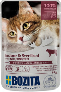 Bozita Indoor & Sterilised Cat Food – Beef Chunks in Jelly, 85g Sachet, Balanced Nutrition
