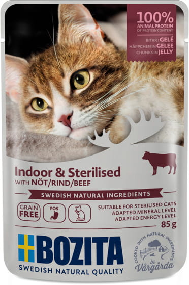Bozita Indoor & Sterilised Cat Food – Beef Chunks in Jelly, 85g Sachet, Balanced Nutrition