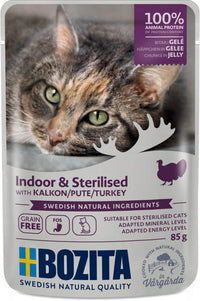 Bozita Indoor & Sterilised Cat Food – Turkey Pieces in Jelly, 85g Sachet, Balanced Nutrition