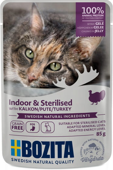 Bozita Indoor & Sterilised Cat Food – Turkey Pieces in Jelly, 85g Sachet, Balanced Nutrition